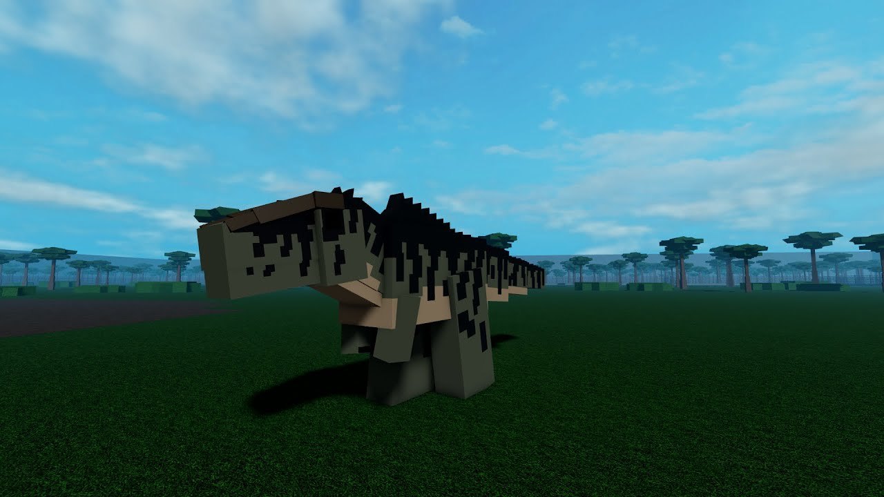 Pixel Giganotosaurus standing on the grassy Jurassic Pixel island
