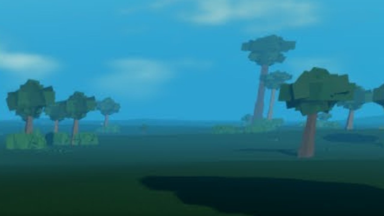 Pixel dinosaurs on the grassy Jurassic Pixel map beside a lake and trees
